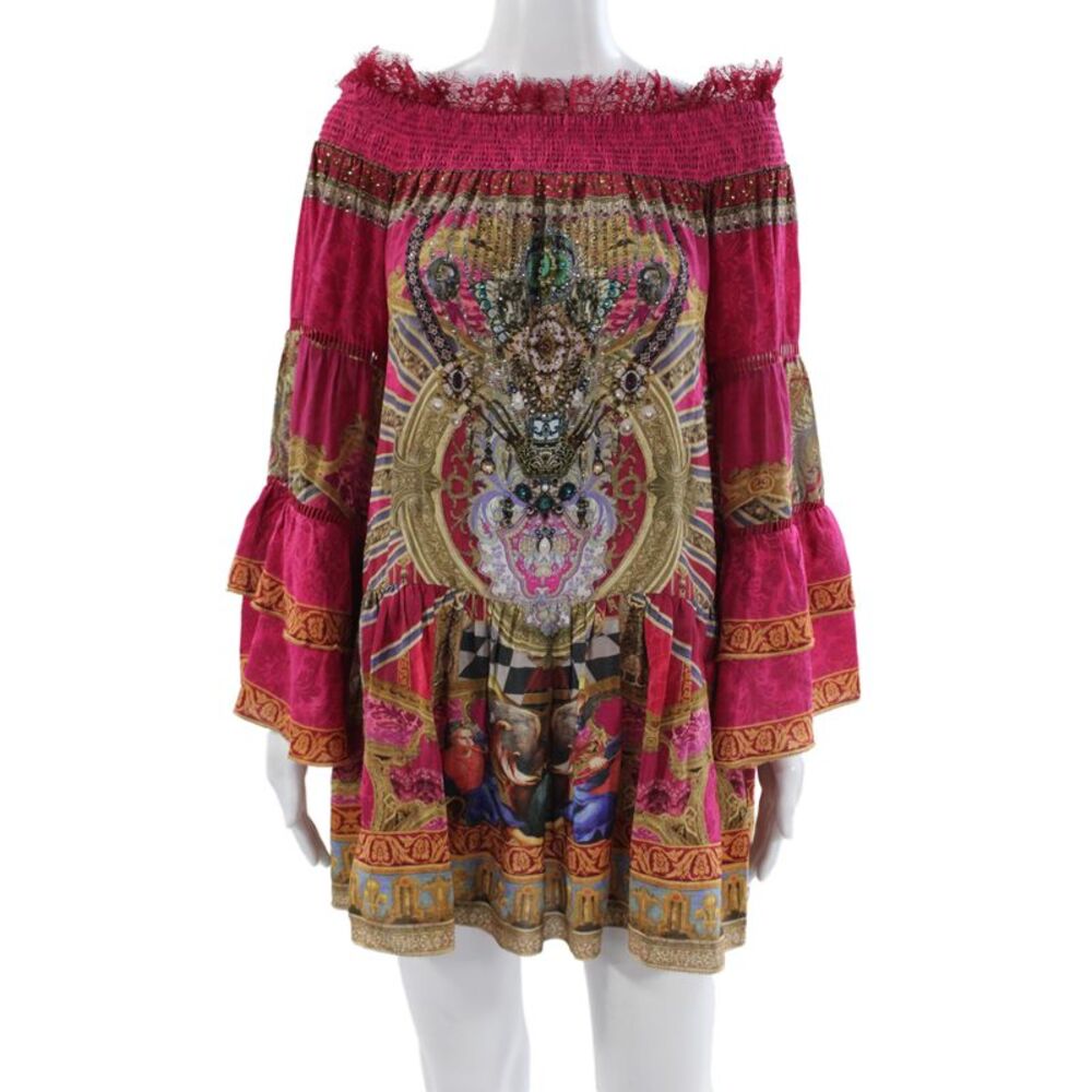 Camilla Women Kaftan Dress Pink Silk Graphic Print 3/4 Sleeve Short Size S